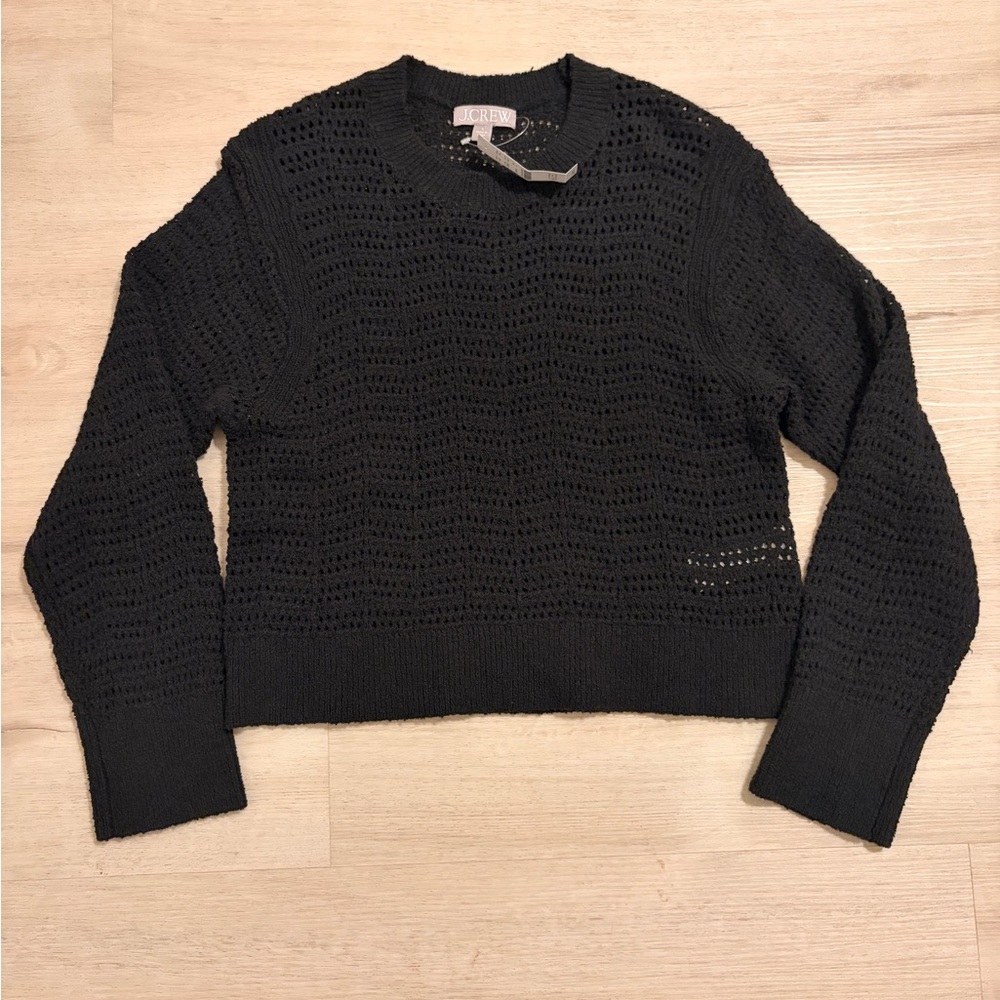 New J. Crew Black Pointelle Crewneck Sweater